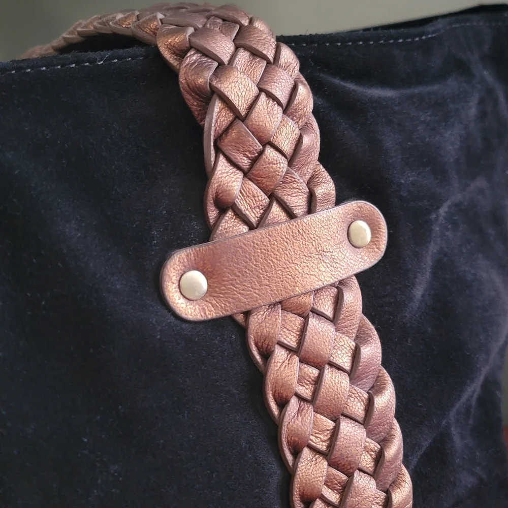 Donald J. Pliner Black Suede Braided Leather Tote Shoulder Bag Y2K